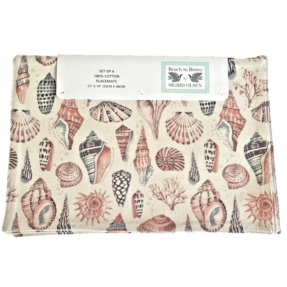 Sigrid Olsen Placemats Sepia Shells Summer Beach Machine Wash 13x19 Set of 4